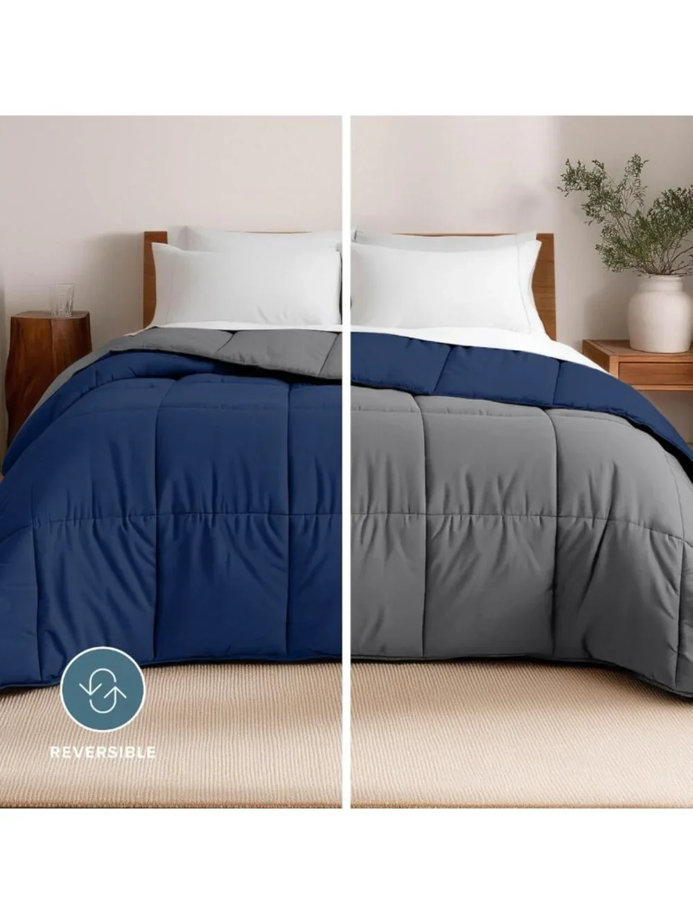 Oversized Reversible Queen Comforter Set - Dark Blue & Grey, Cozy Bedding